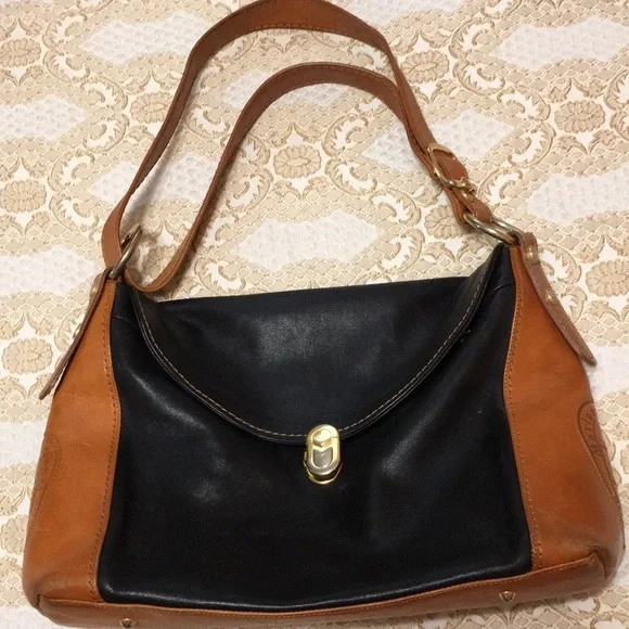MARINO ORLANDI Genuine Leather Black/Brown ColorBlock Shoulder Bag Made in Italy - Picture 1 of 16